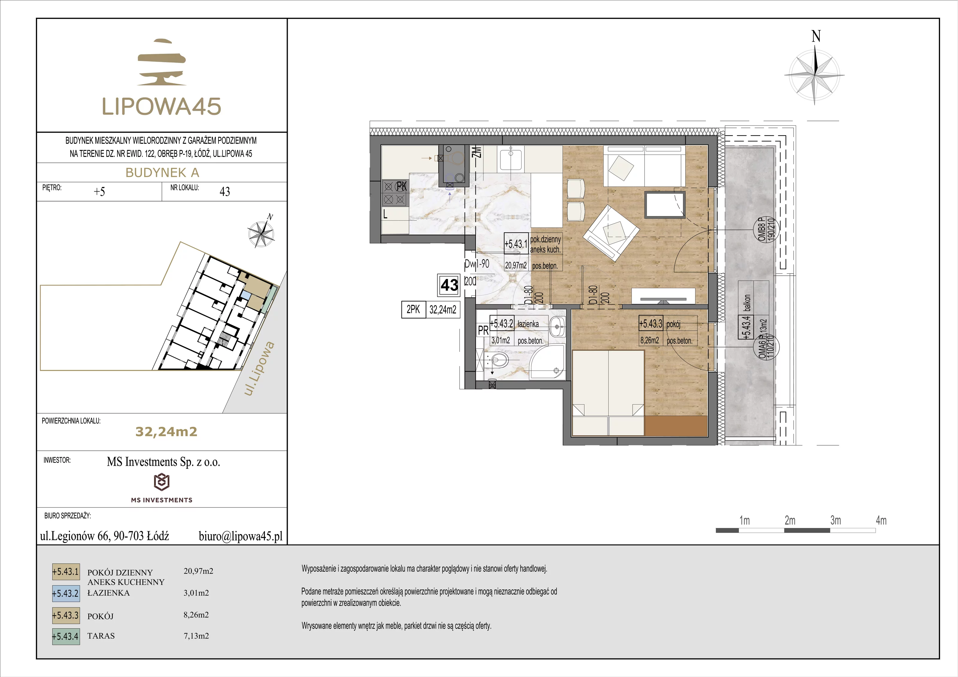 2 pokoje, mieszkanie 32,24 m², piętro 5, oferta nr 43, Lipowa 45, Łódź, Polesie, ul. Lipowa 45